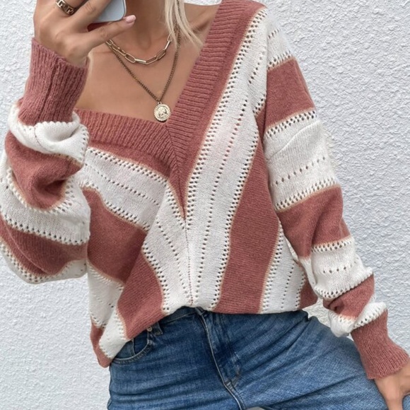 BellanBlue Sweaters - Cozy Dark Pink Stripes Oversized Knit Sweater Top